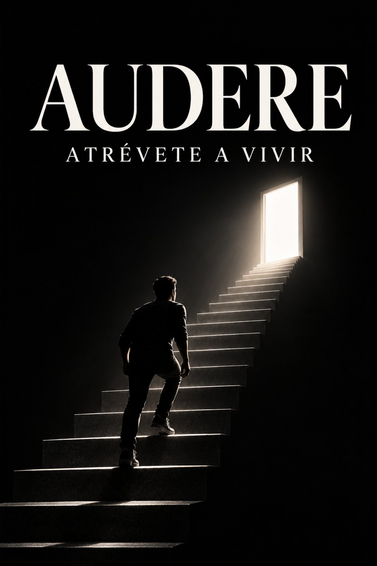 Portada del libro AUDERE, Atrévete a vivir: una persona sube una escalera hacia una puerta de luz