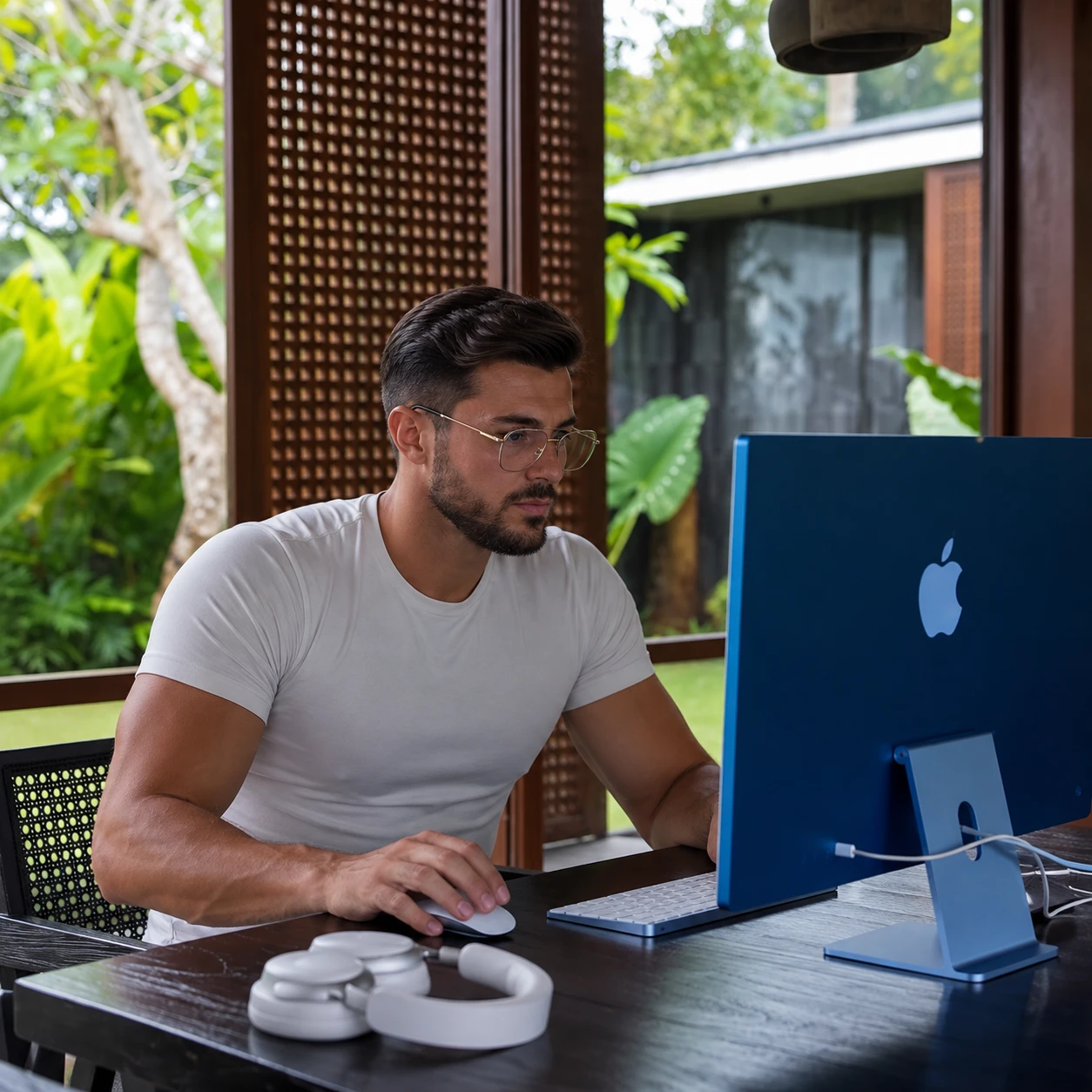 Victor, autor de AUDERE, trabajando en su escritorio